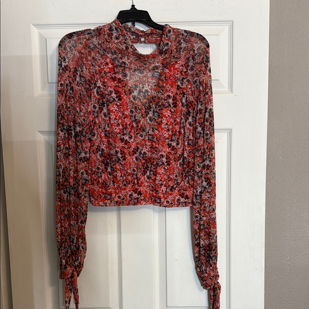 Free People Red and Black Crop Blouse with Mandarin Collar